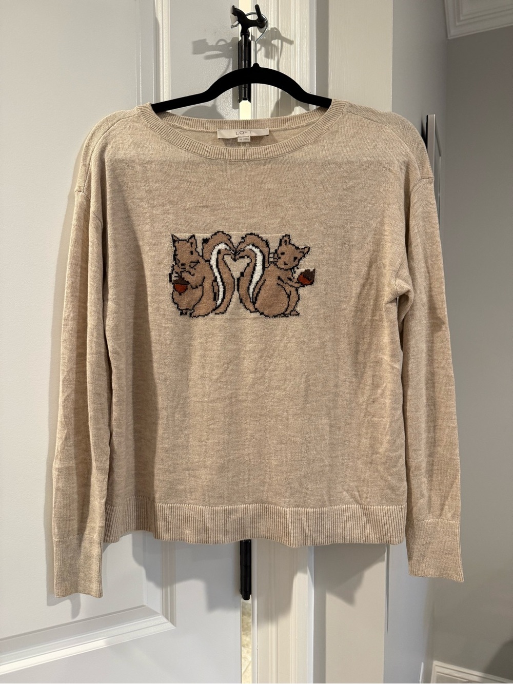 LOFT Beige Crewneck Sweater with Squirrel Graphic